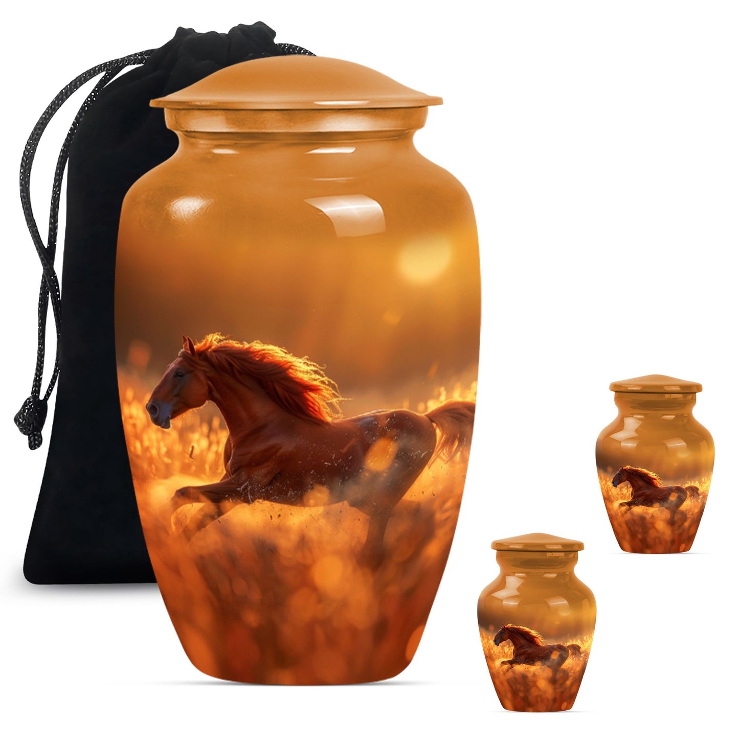 Runing Horse Theme Large Urn With 2 Keepsake Urn