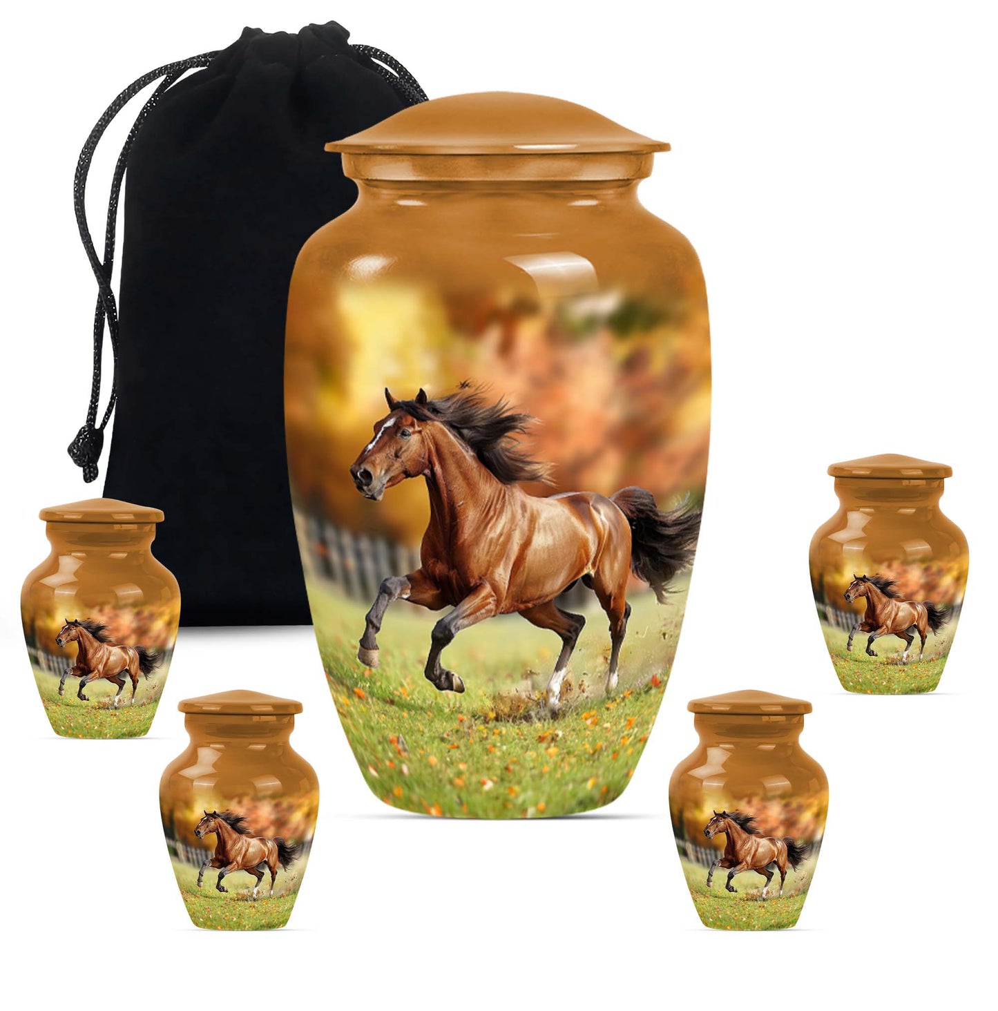 Runing Horse Theme Large Urn With 4 Keepsake Urn