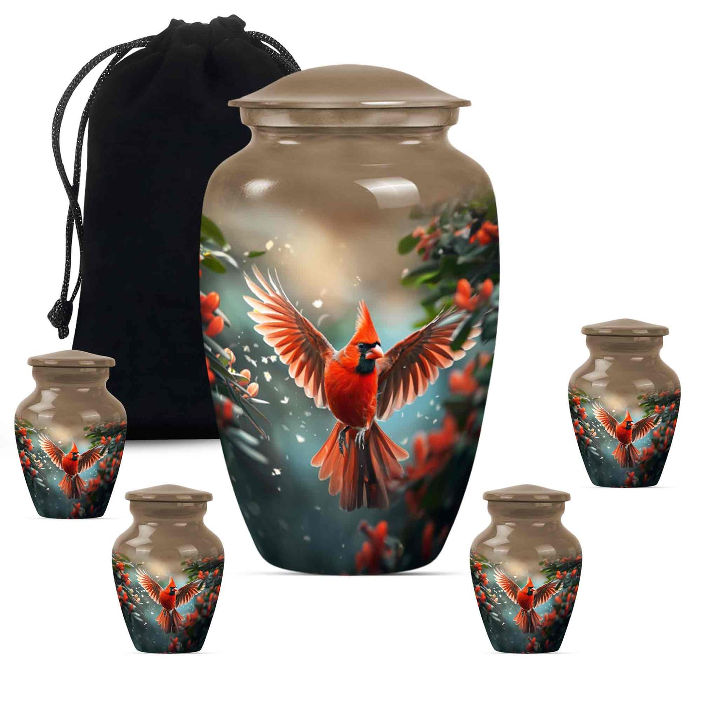 Cardinal Theme Large Urn With 4 Keepsake Urn