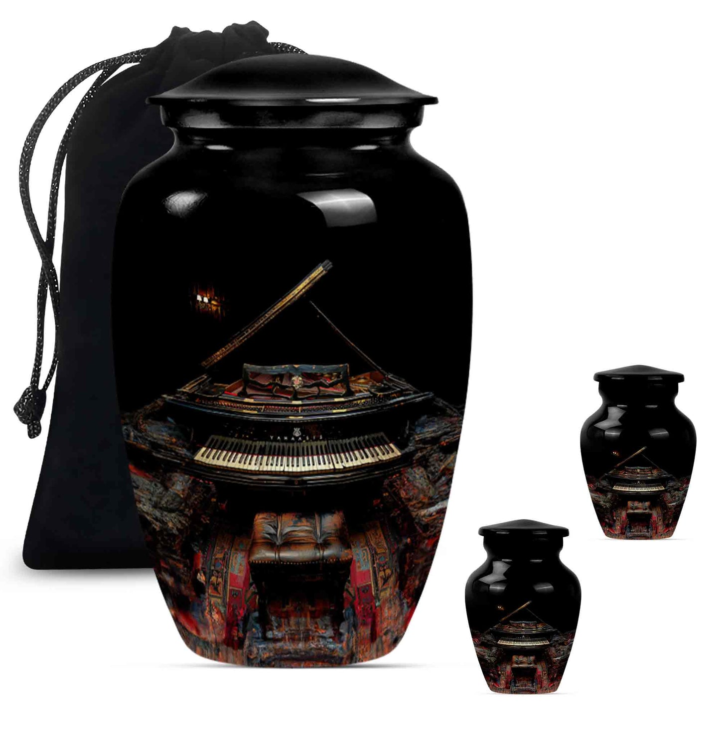 Piano Theme Large Urn With 2 Keepsake Urn