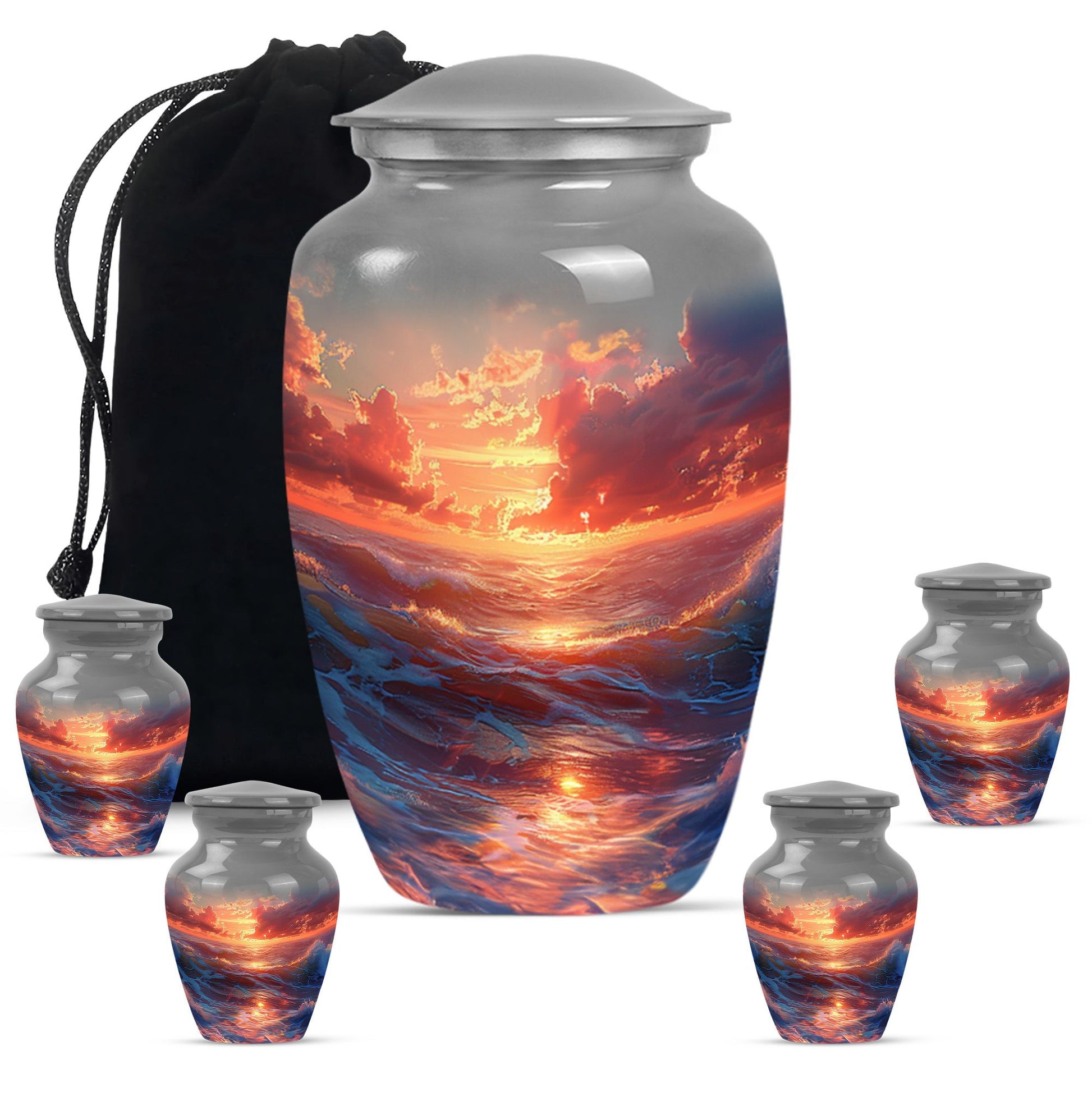Sunrise Theme Large Urn With 4 Keepsake Urn