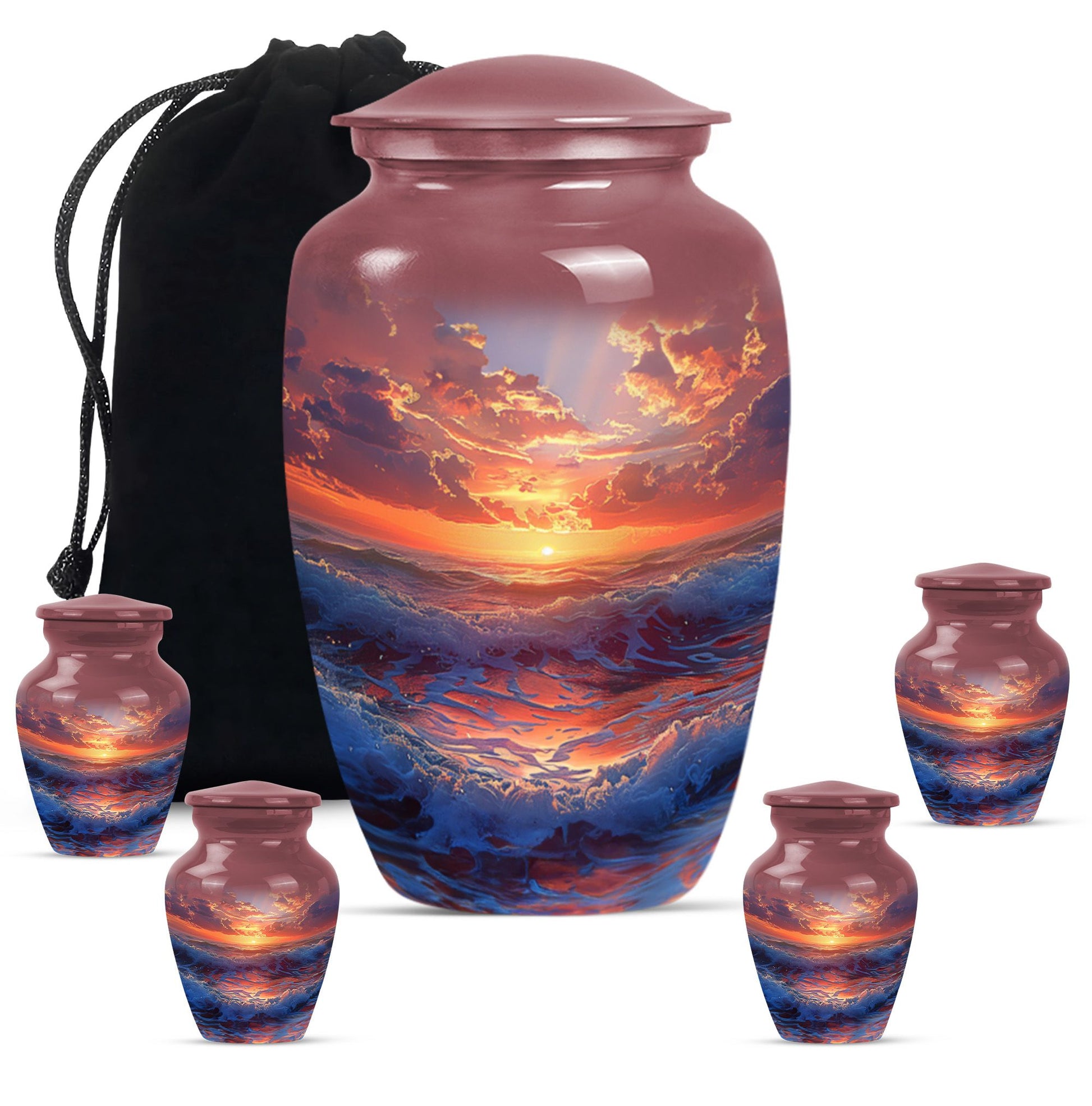Sunrise Theme Large Urn With 4 Keepsake Urn