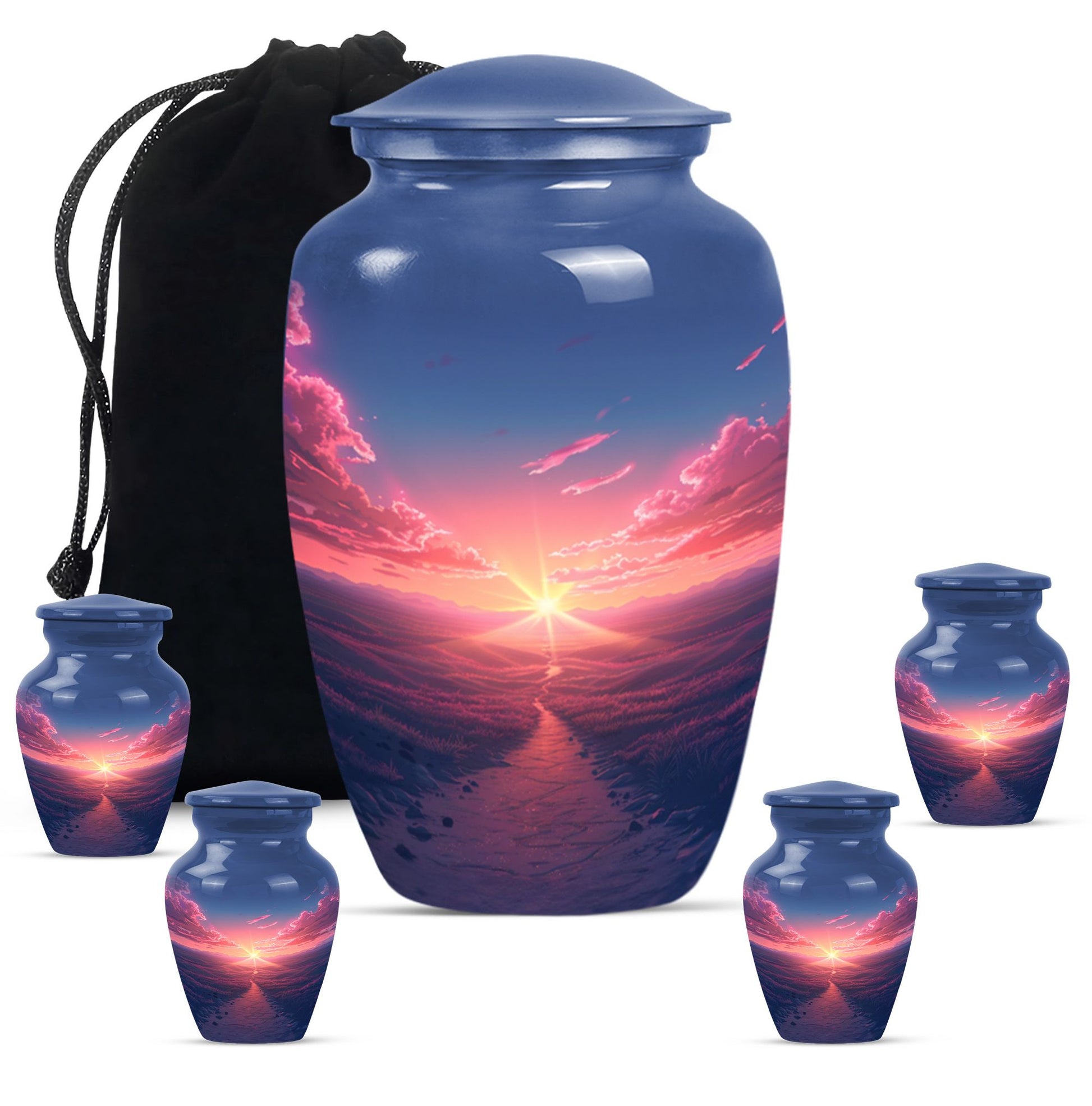 Sunrise Theme Large Urn With 4 Keepsake Urn