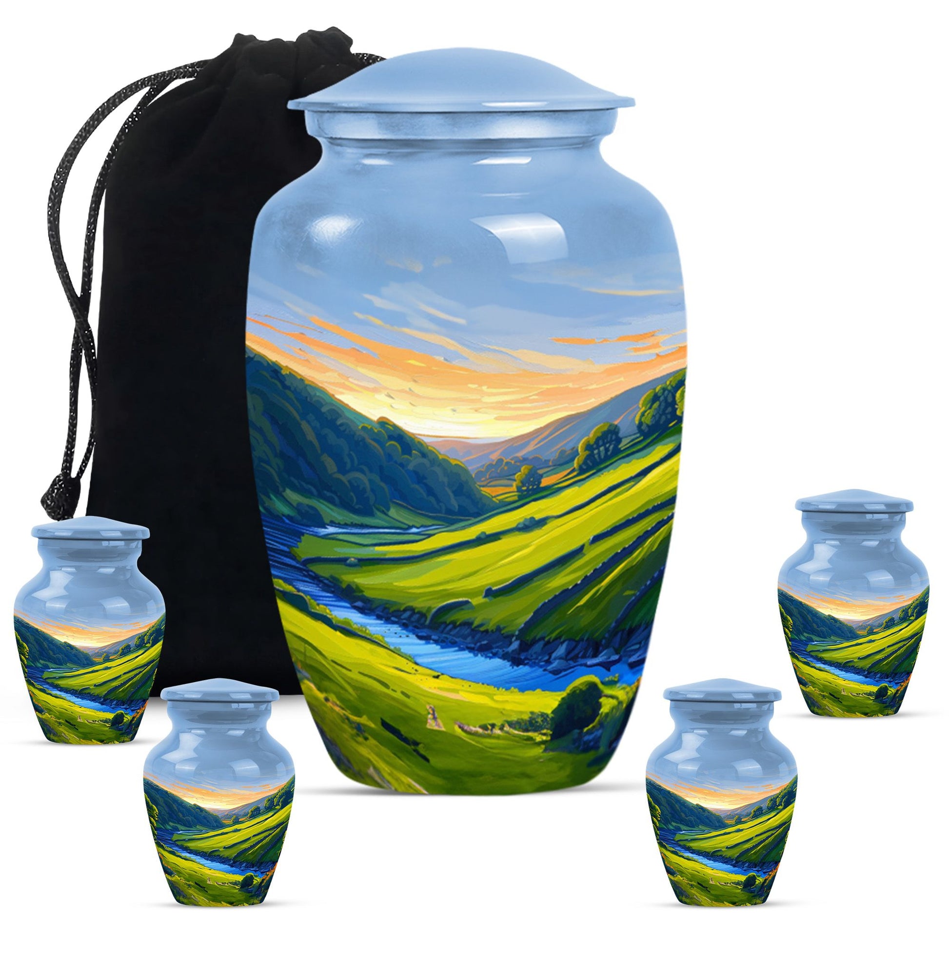 Sunrise Theme Large Urn With 4 Keepsake Urn