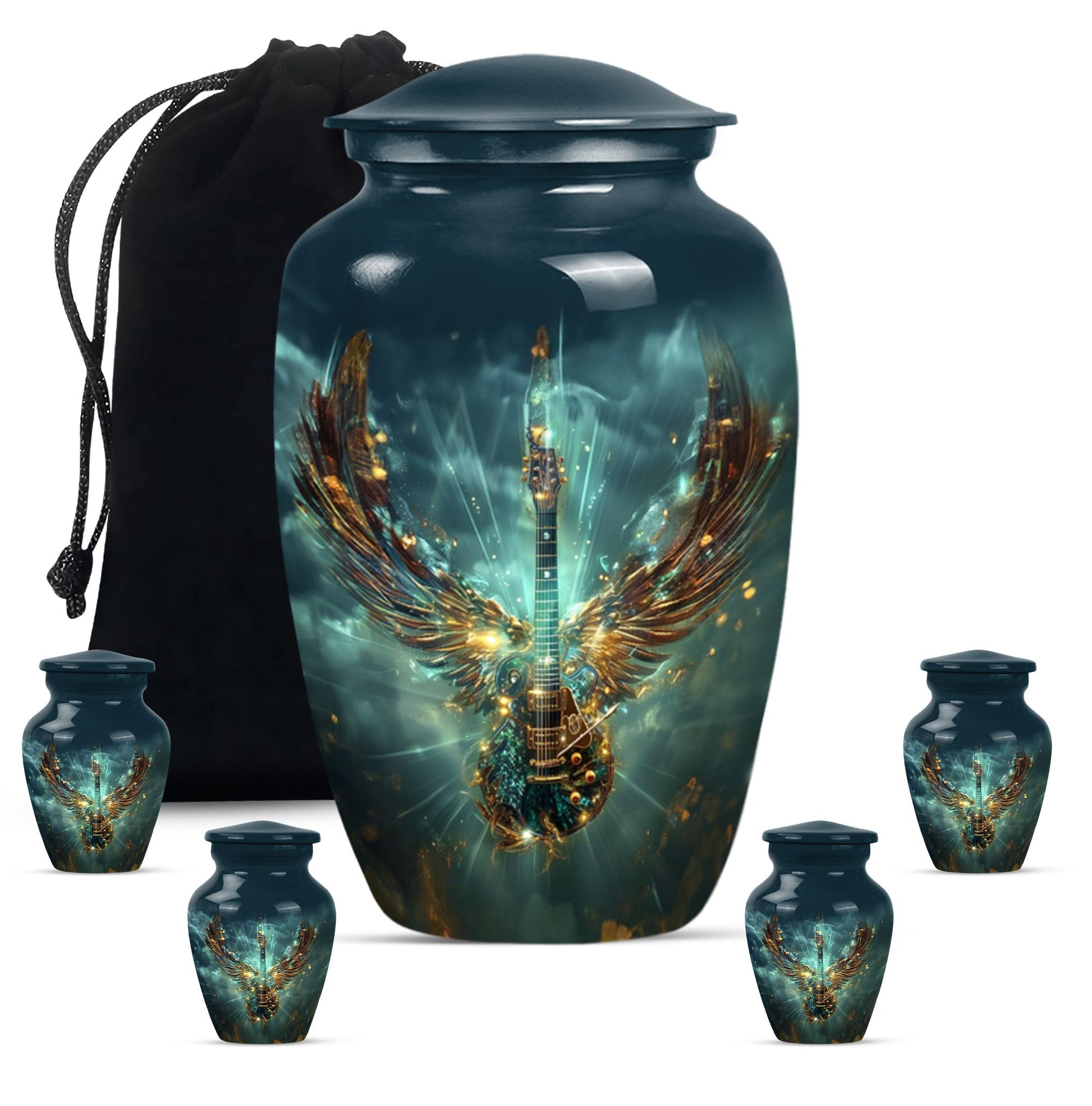 Guitar Theme Large Urn With 4 Keepsake Urn