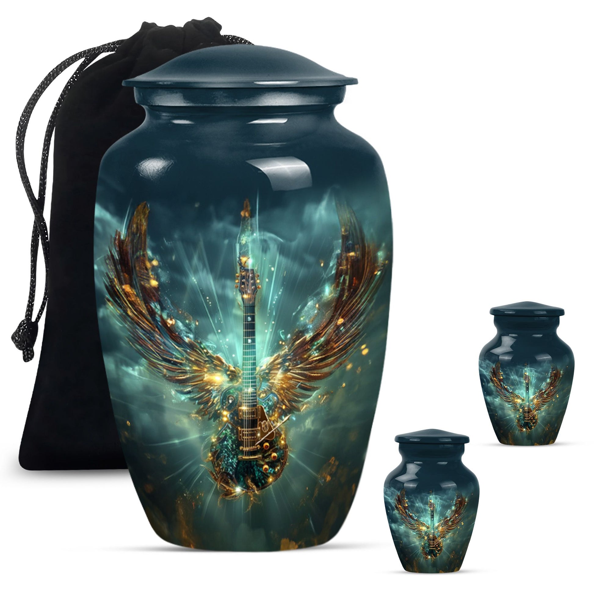 Guitar Theme Large Urn With 2 Keepsake Urn