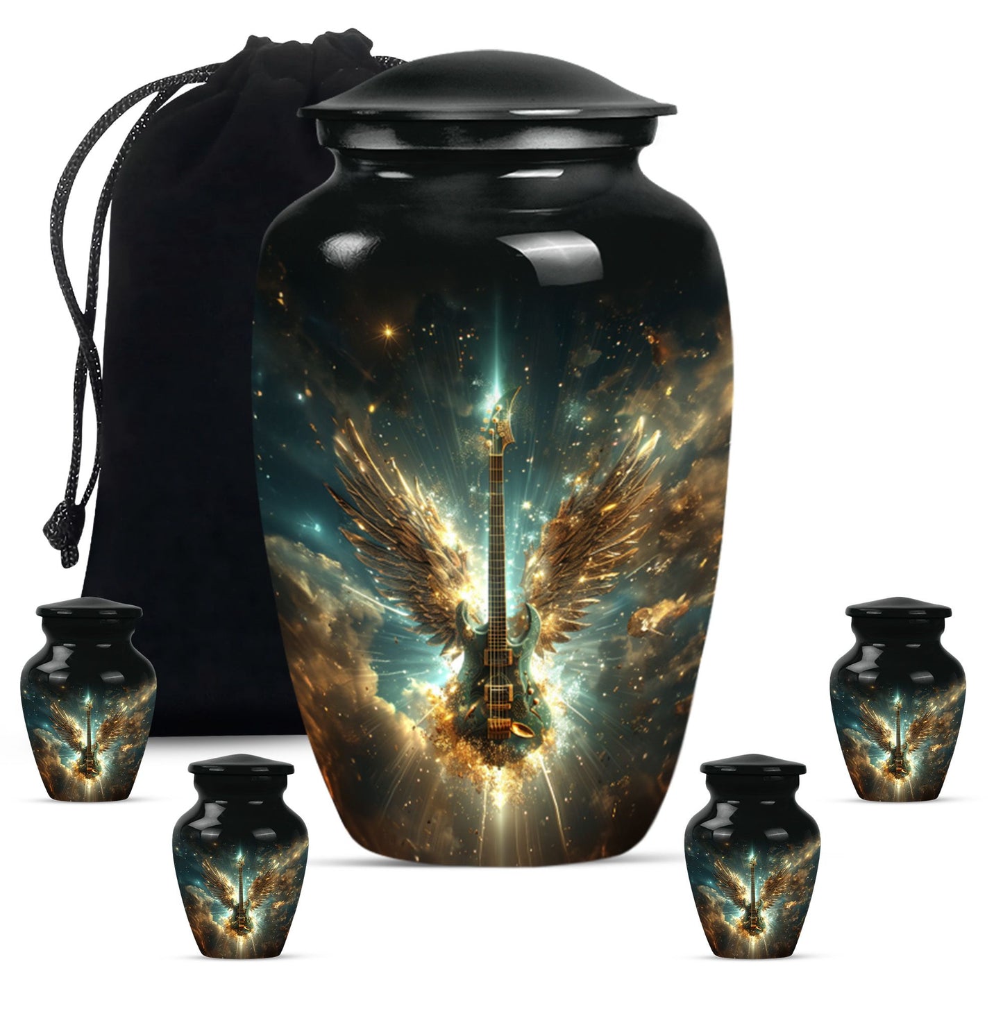 Guitar Theme Large Urn With 4 Keepsake Urn