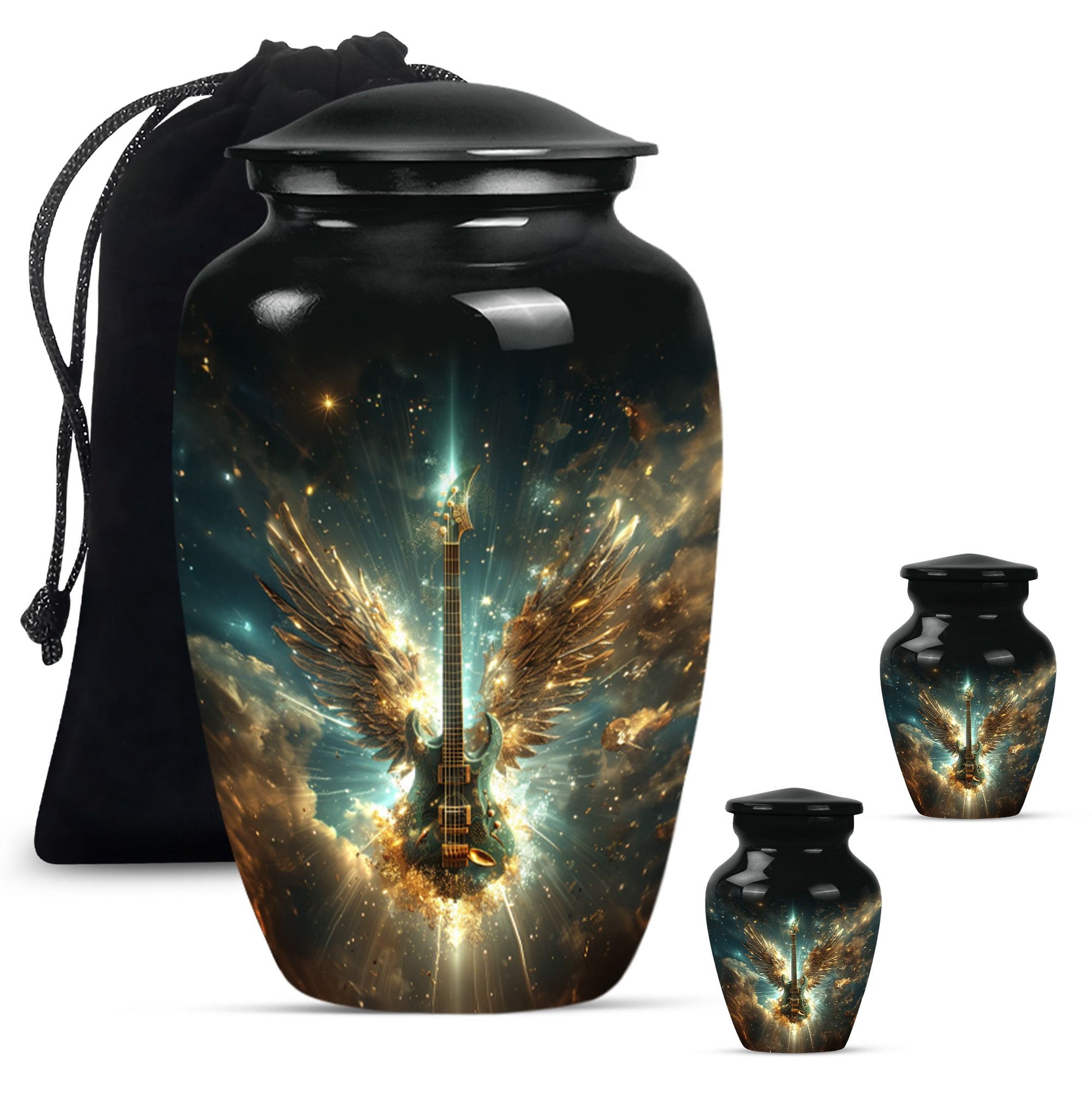 Guitar Theme Large Urn With 2 Keepsake Urn