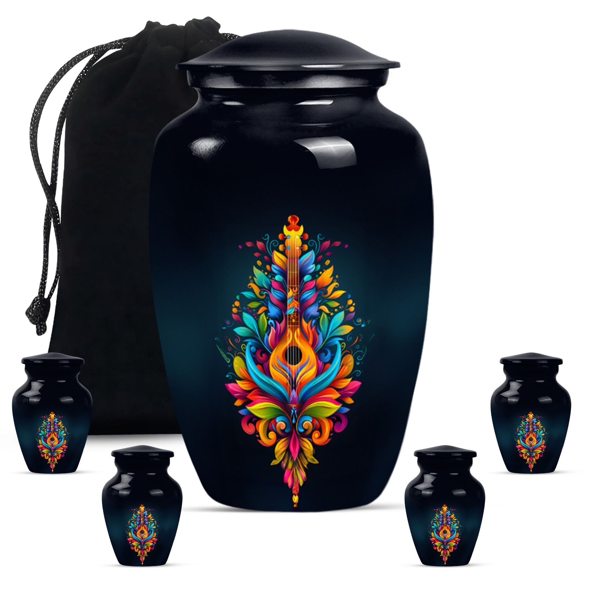 Guitar Theme Large Urn With 4 Keepsake Urn
