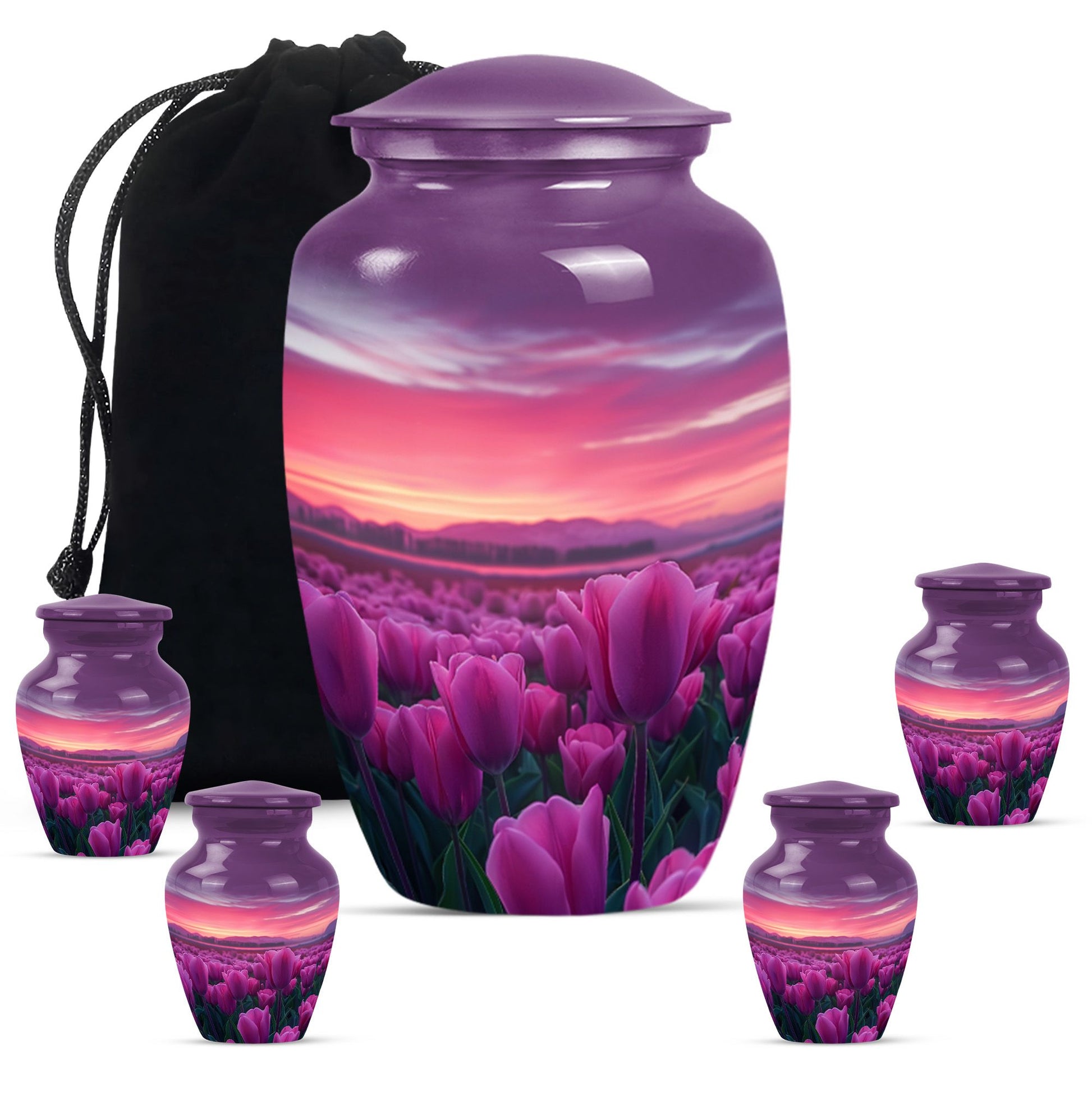 Tulips Theme Large Urn With 4 Keepsake Urn
