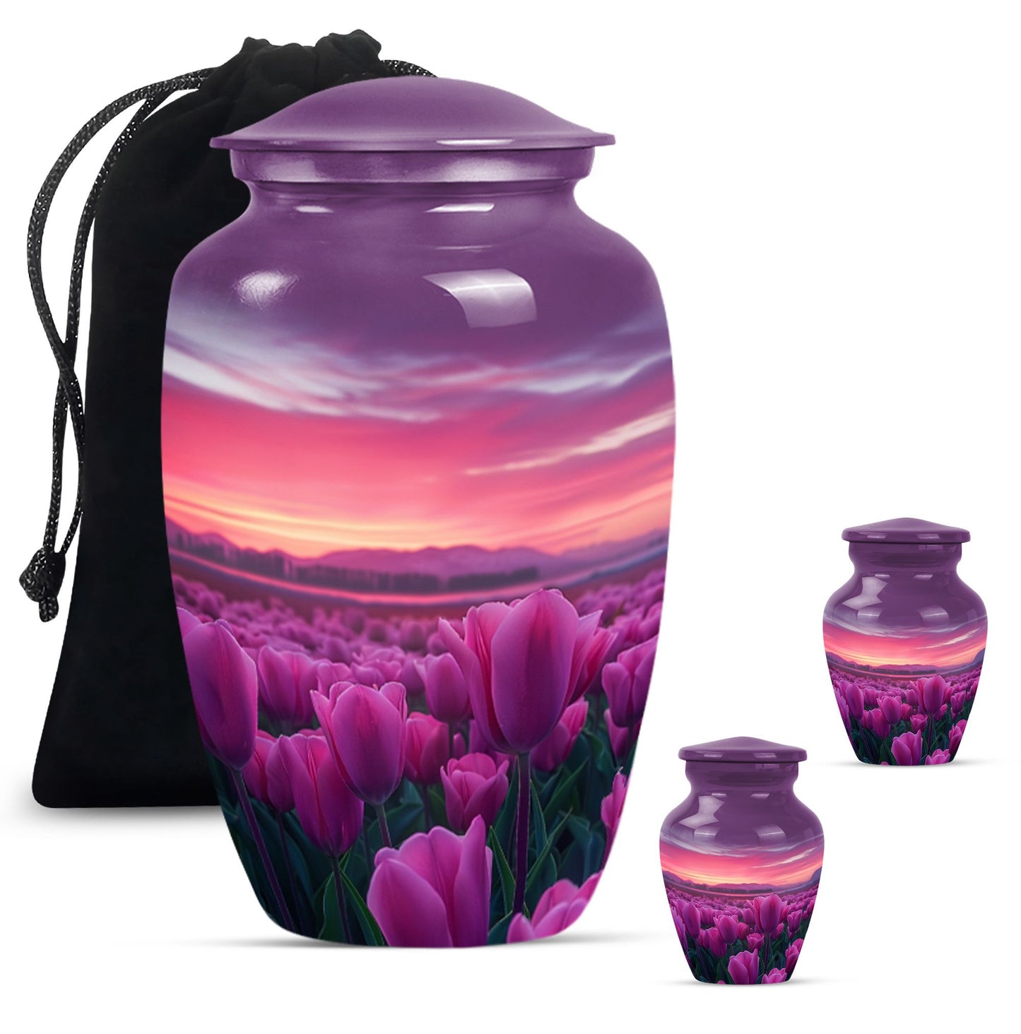 Tulips Theme Large Urn With 2 Keepsake Urn