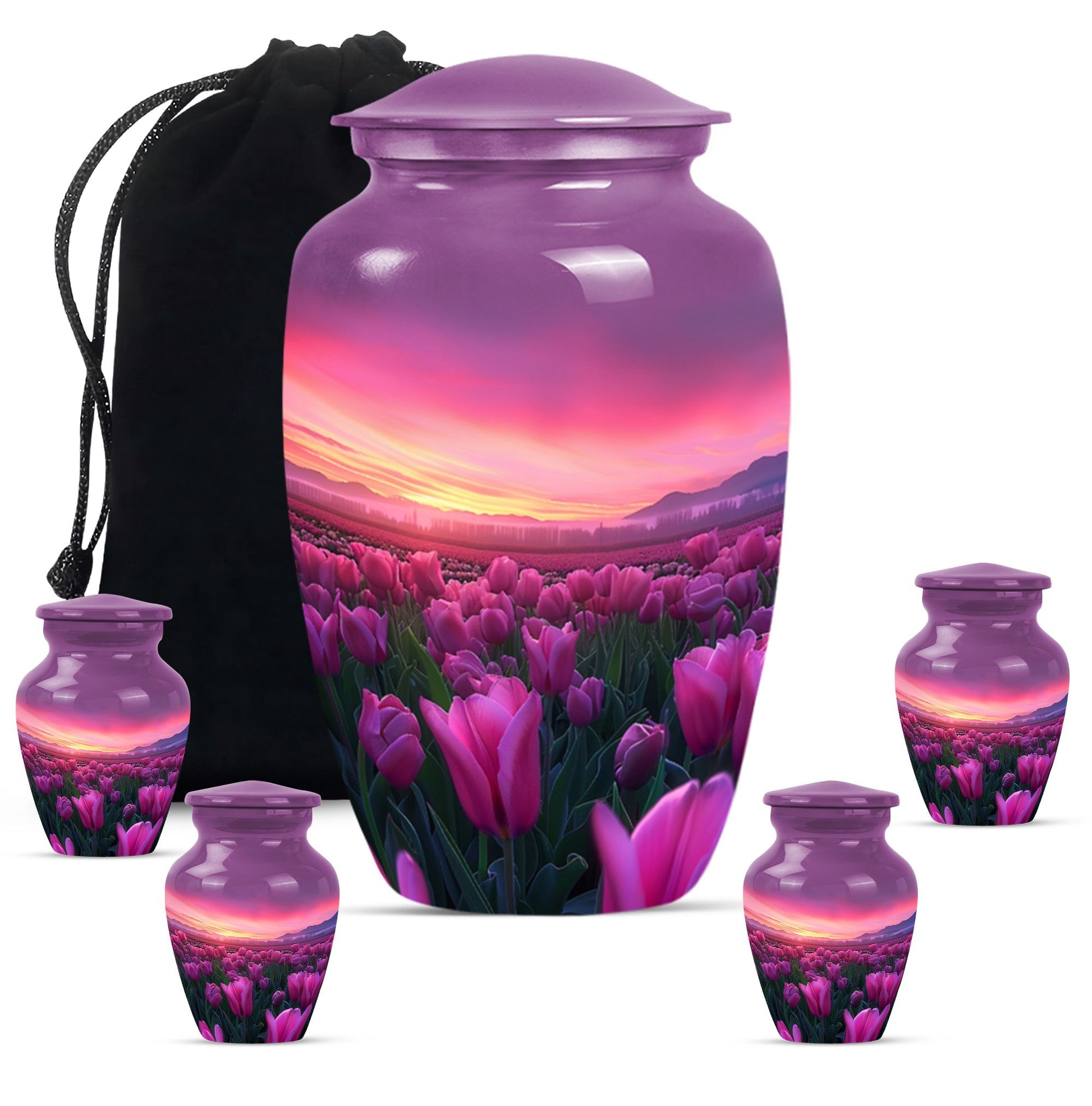 Tulips Theme Large Urn With 4 Keepsake Urn