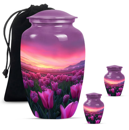 Tulips Theme Large Urn With 2 Keepsake Urn