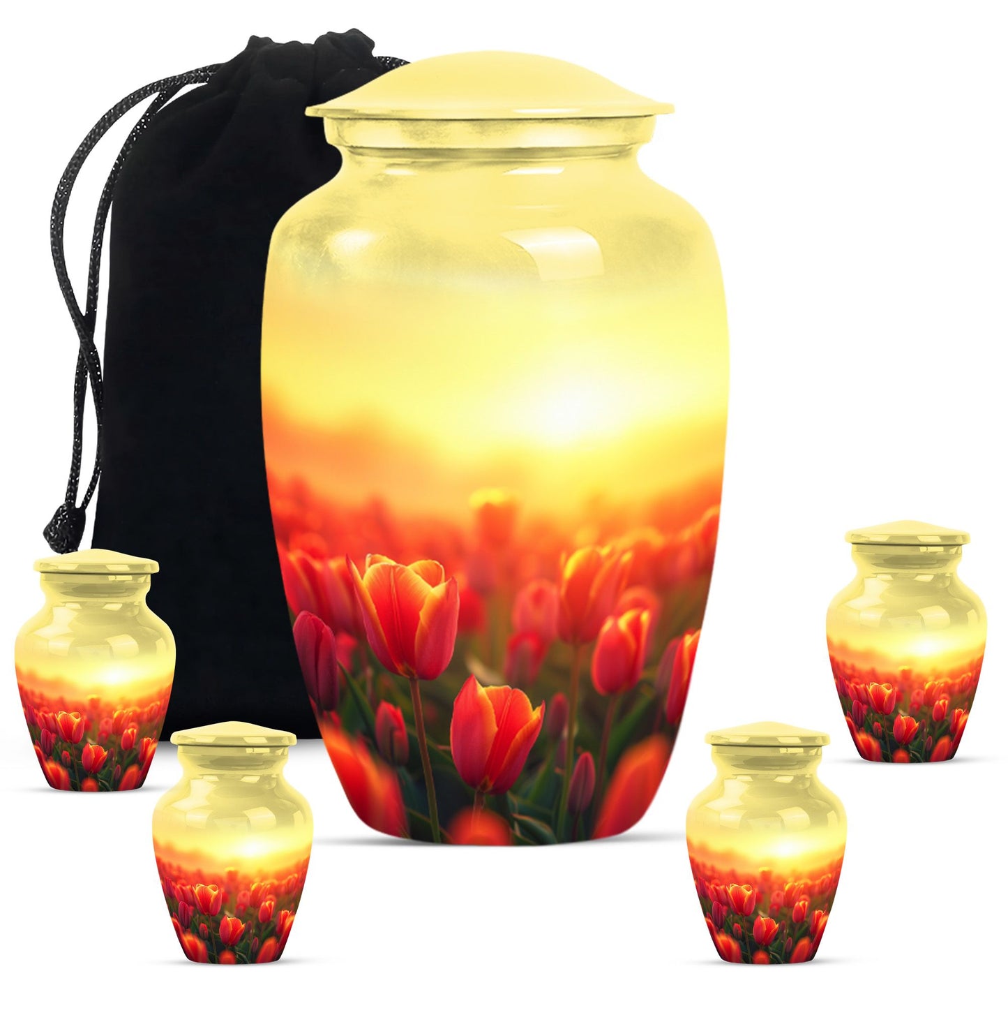 Tulips Theme Large Urn With 4 Keepsake Urn