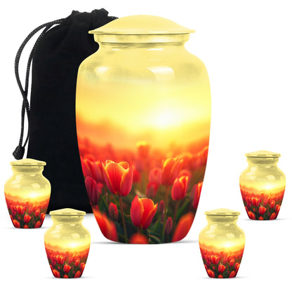 Tulips Theme Large Urn With 4 Keepsake Urn
