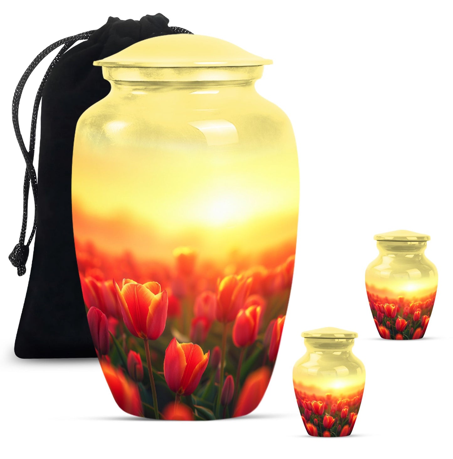 Tulips Theme Large Urn With 2 Keepsake Urn