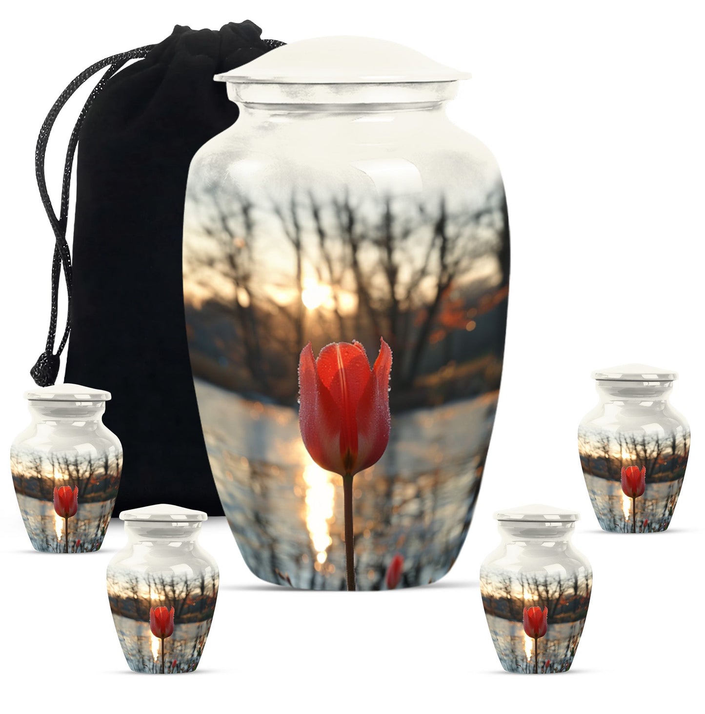 Tulips Theme Large Urn With 4 Keepsake Urn