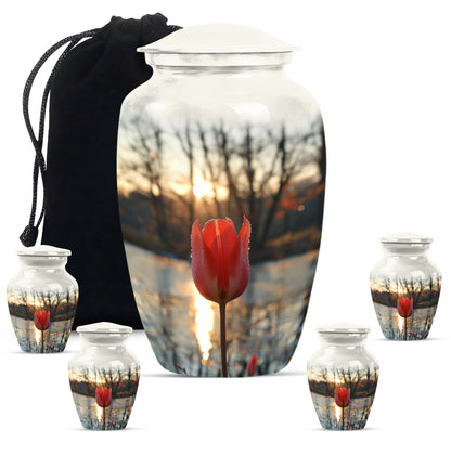 Tulips Theme Large Urn With 4 Keepsake Urn