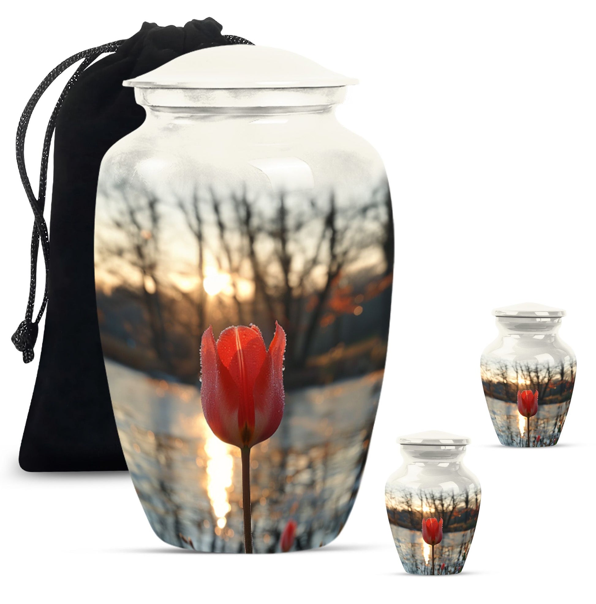 Tulips Theme Large Urn With 2 Keepsake Urn