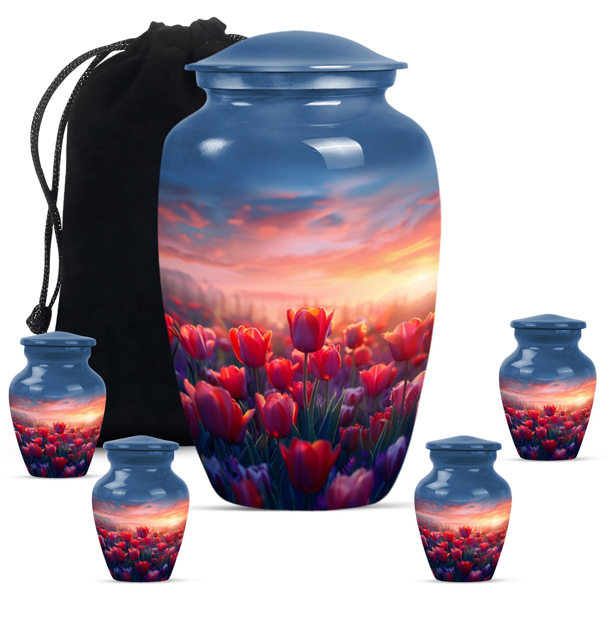 Tulips Theme Large Urn With 4 Keepsake Urn