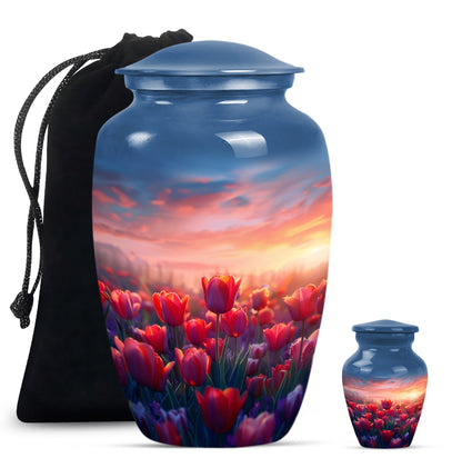 Tulips Theme Large Urn With 1 Keepsake Urn
