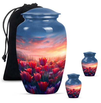 Tulips Theme Large Urn With 2 Keepsake Urn