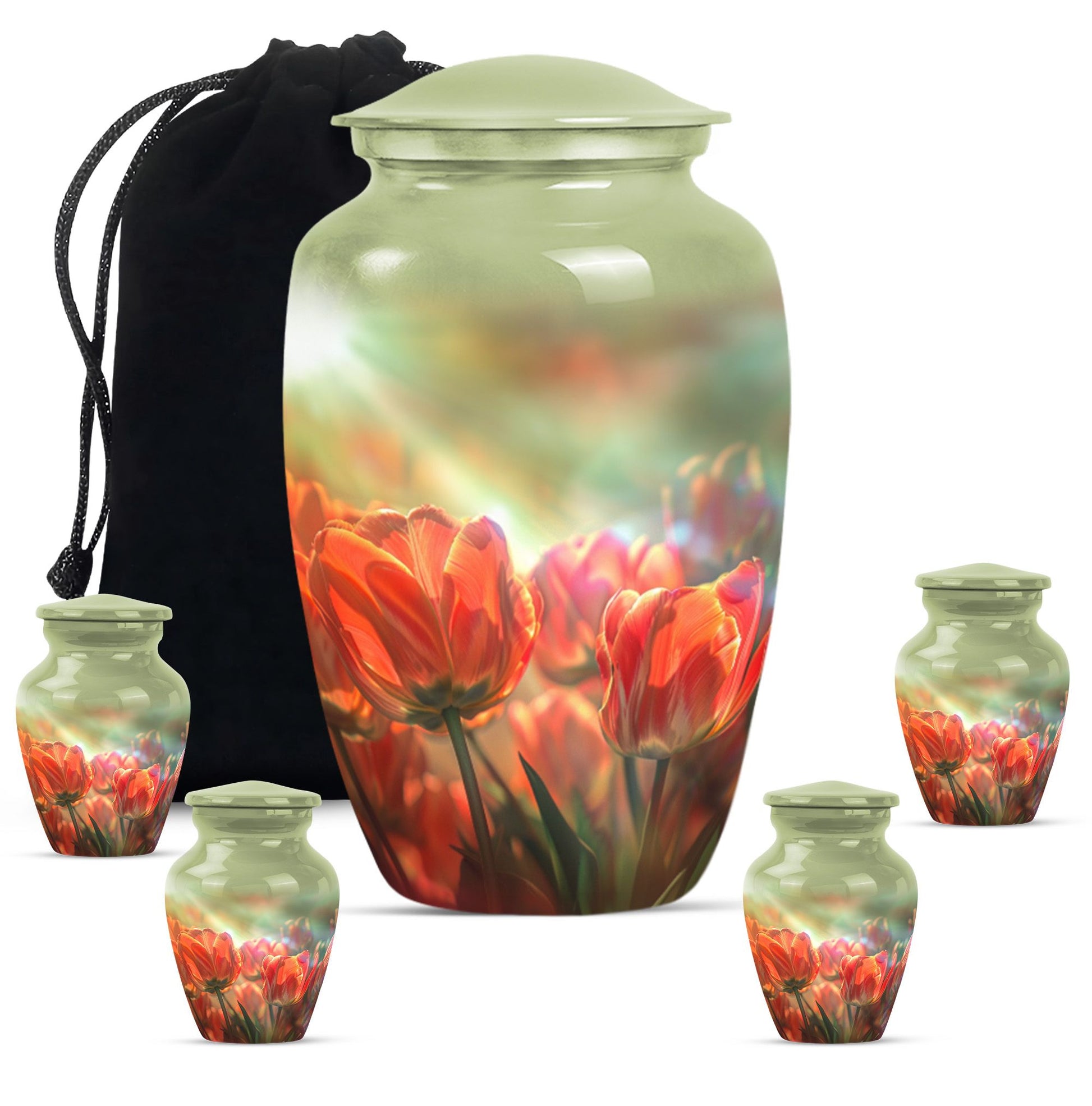 Tulips Theme Large Urn With 4 Keepsake Urn