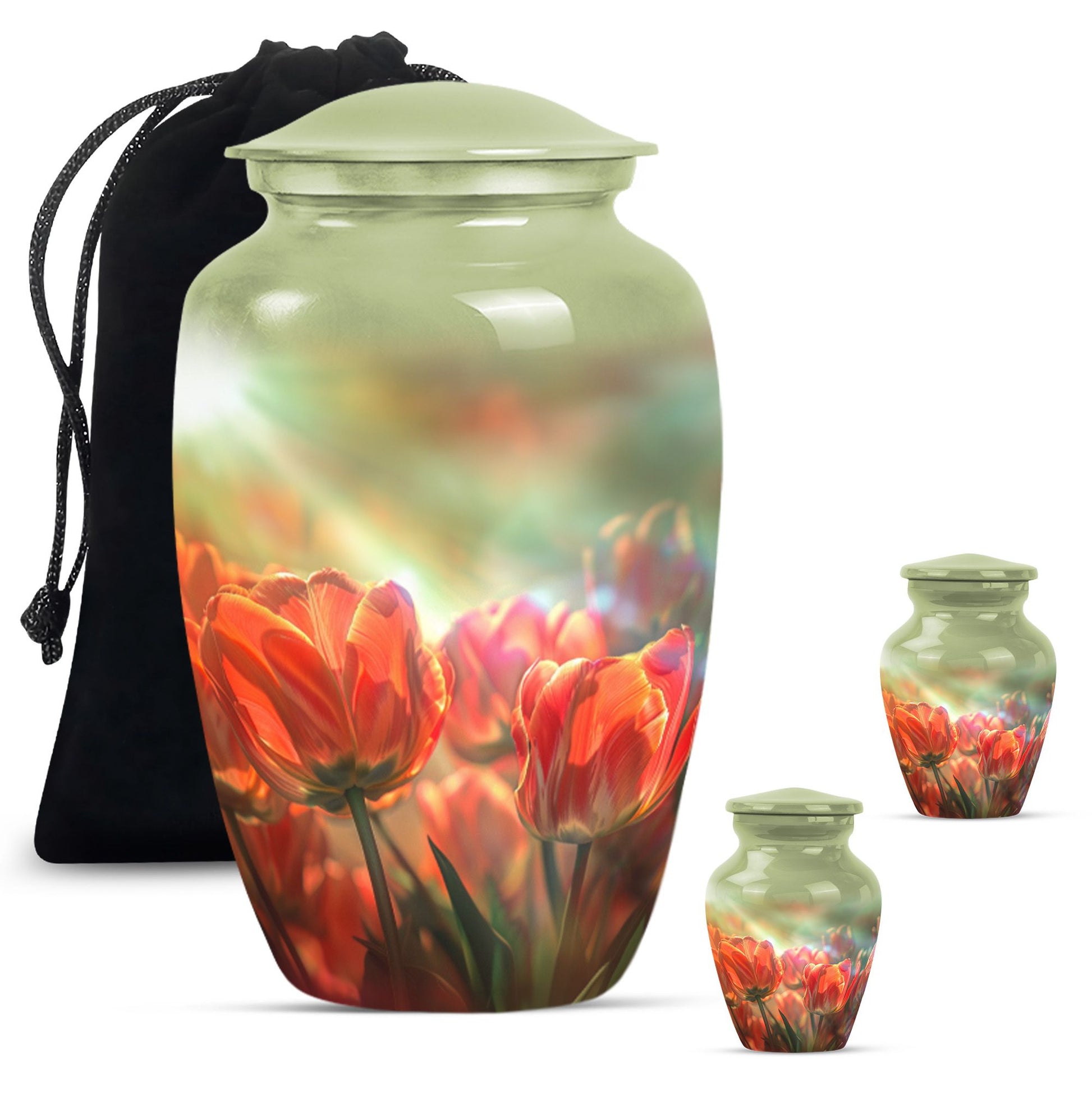 Tulips Theme Large Urn With 2 Keepsake Urn