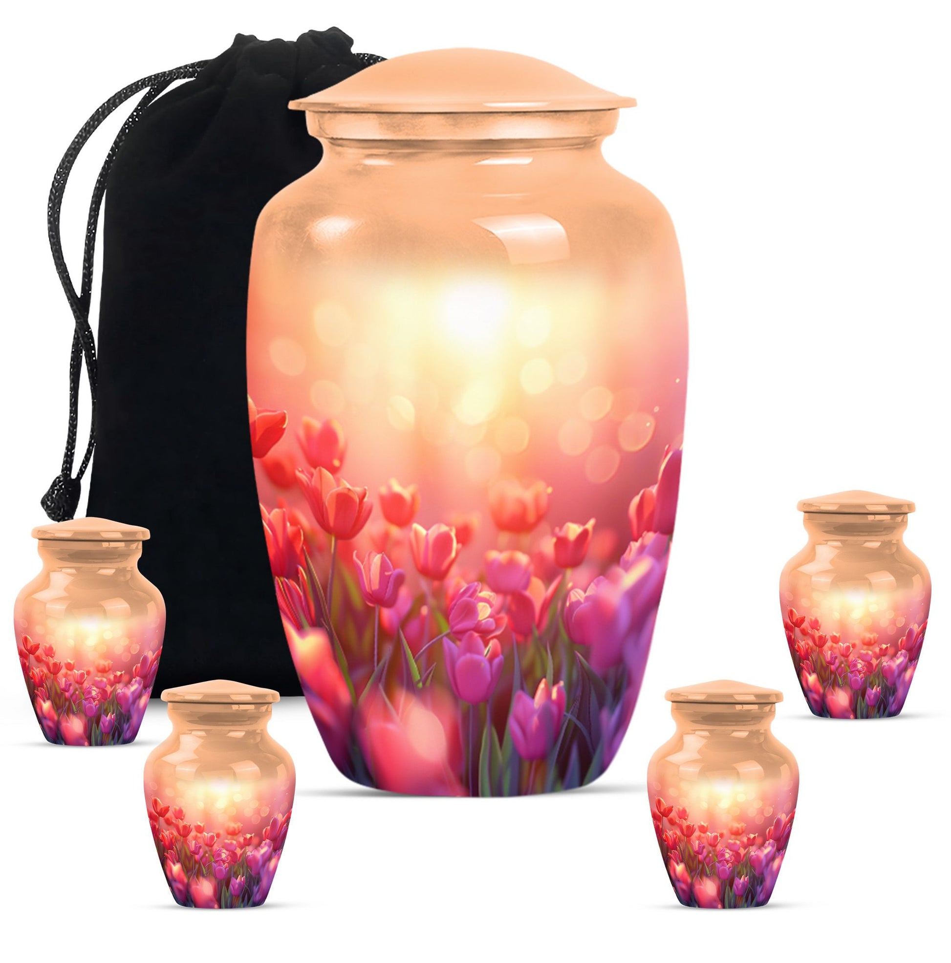 Tulips Theme Large Urn With 4 Keepsake Urn