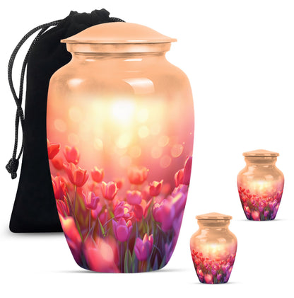 Tulips Theme Large Urn With 2 Keepsake Urn
