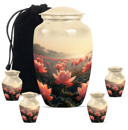 Lotus Theme Large Urn With 4 Keepsake Urn