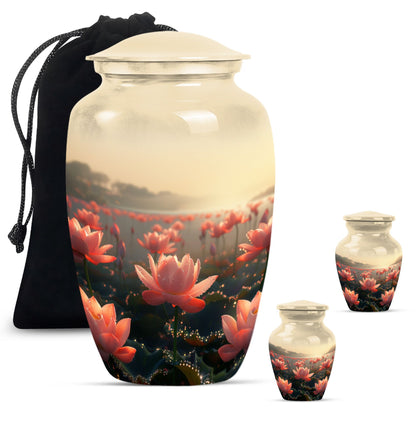 Lotus Theme Large Urn With 2 Keepsake Urn