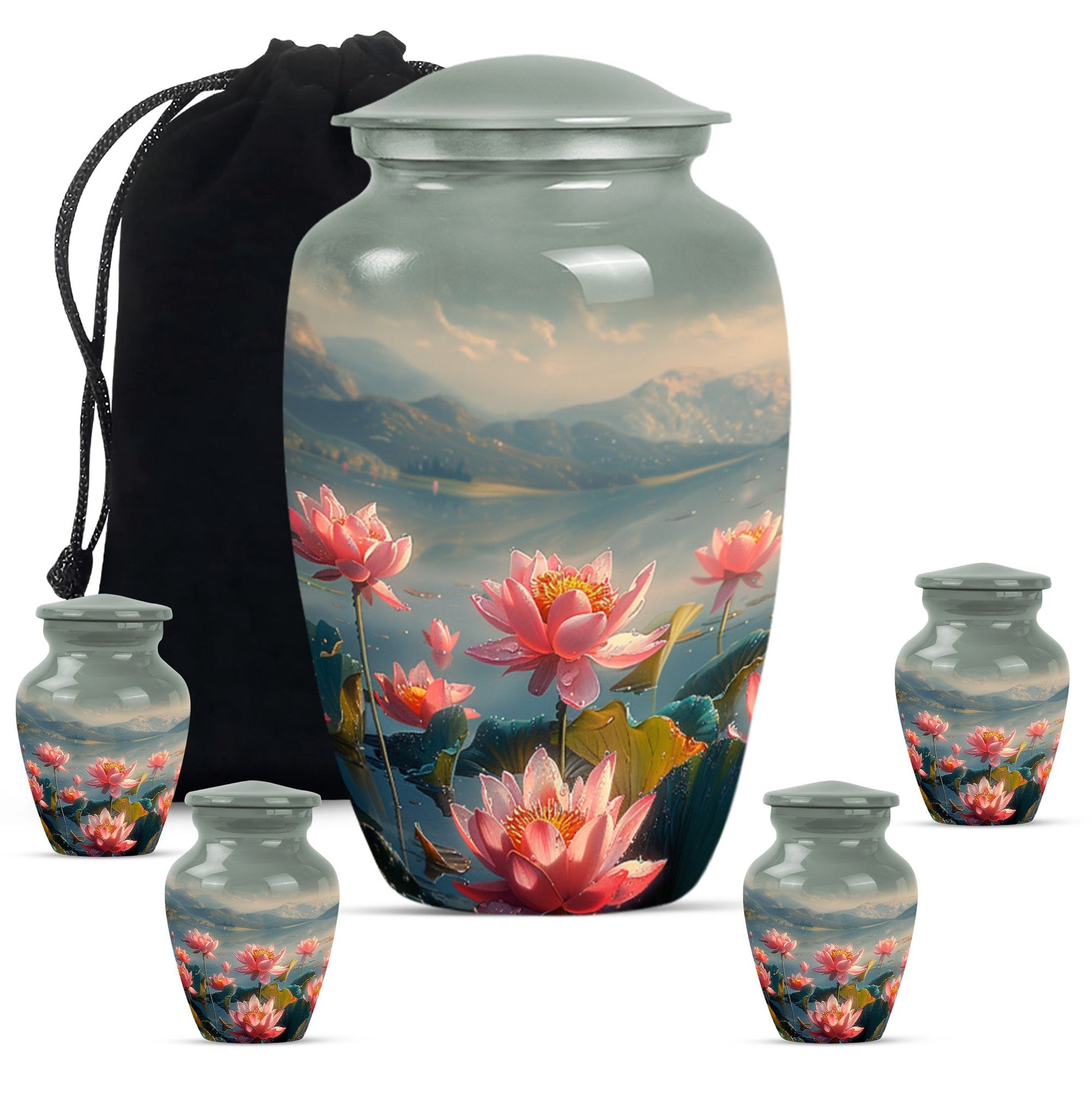 Lotus Theme Large Urn With 4 Keepsake Urn