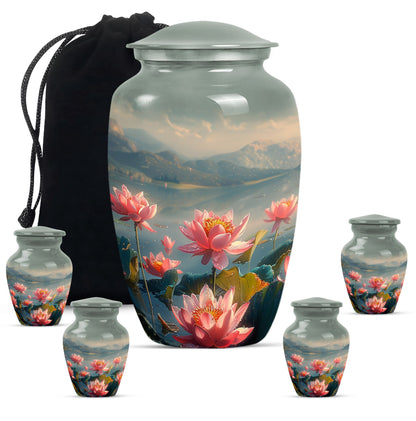 Lotus Theme Large Urn With 4 Keepsake Urn