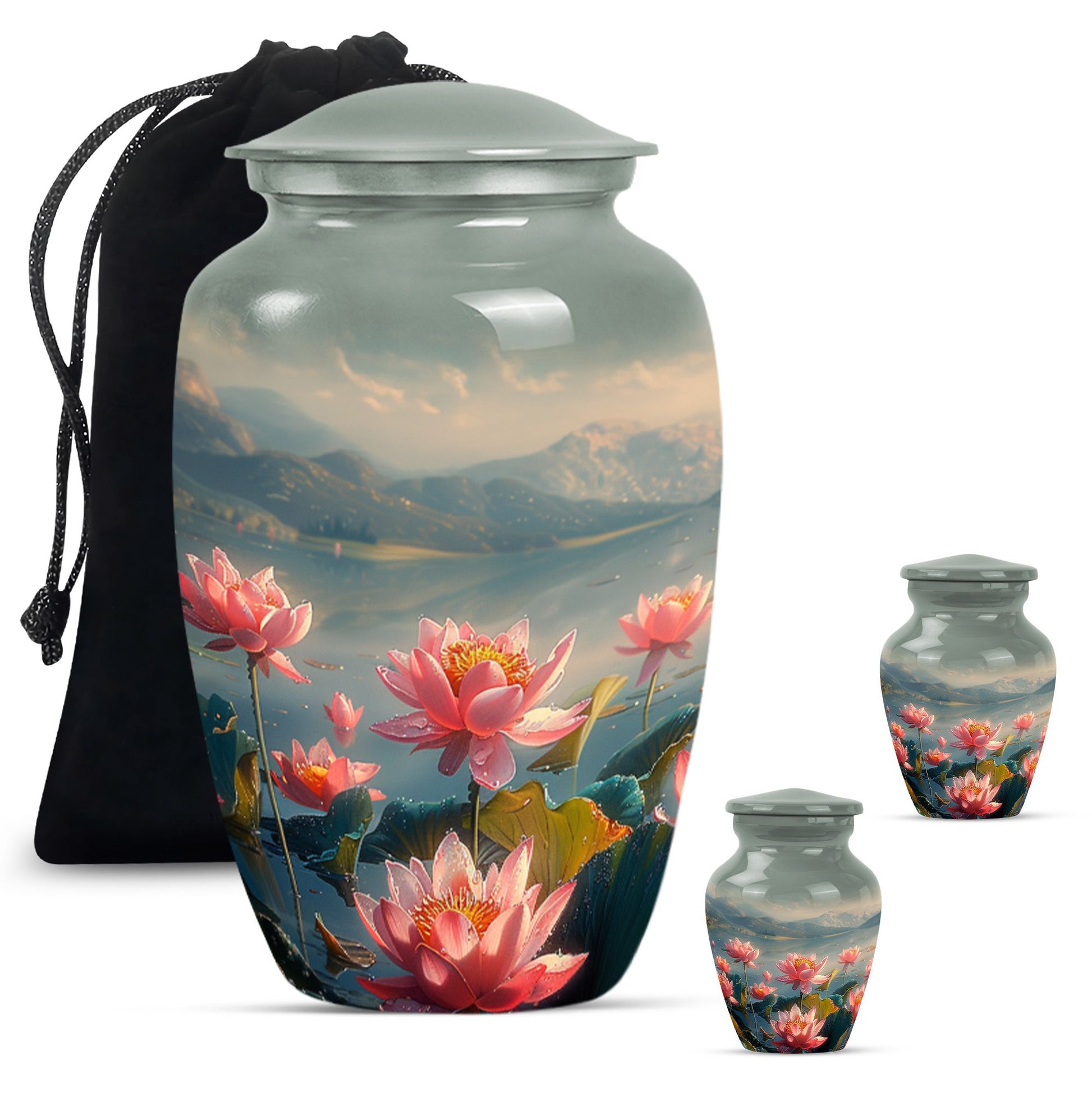 Lotus Theme Large Urn With 2 Keepsake Urn