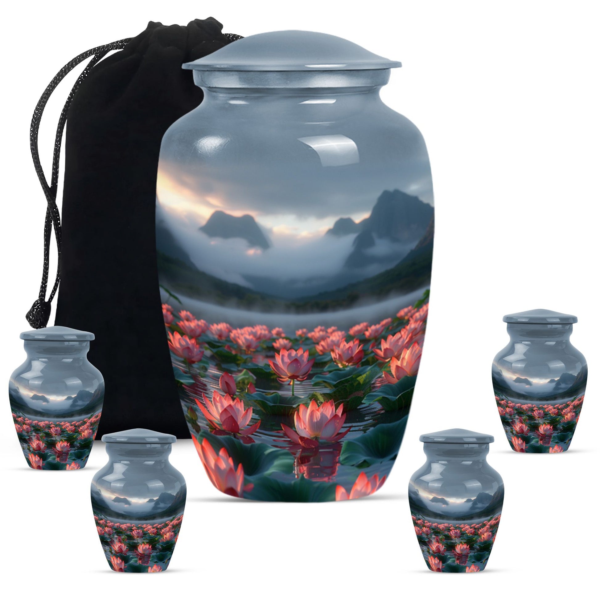 Lotus Theme Large Urn With 4 Keepsake Urn
