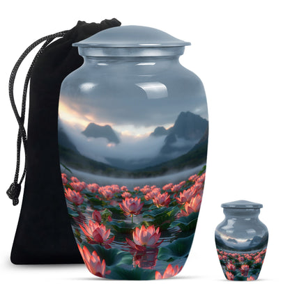Lotus Theme Large Urn With 1 Keepsake Urn