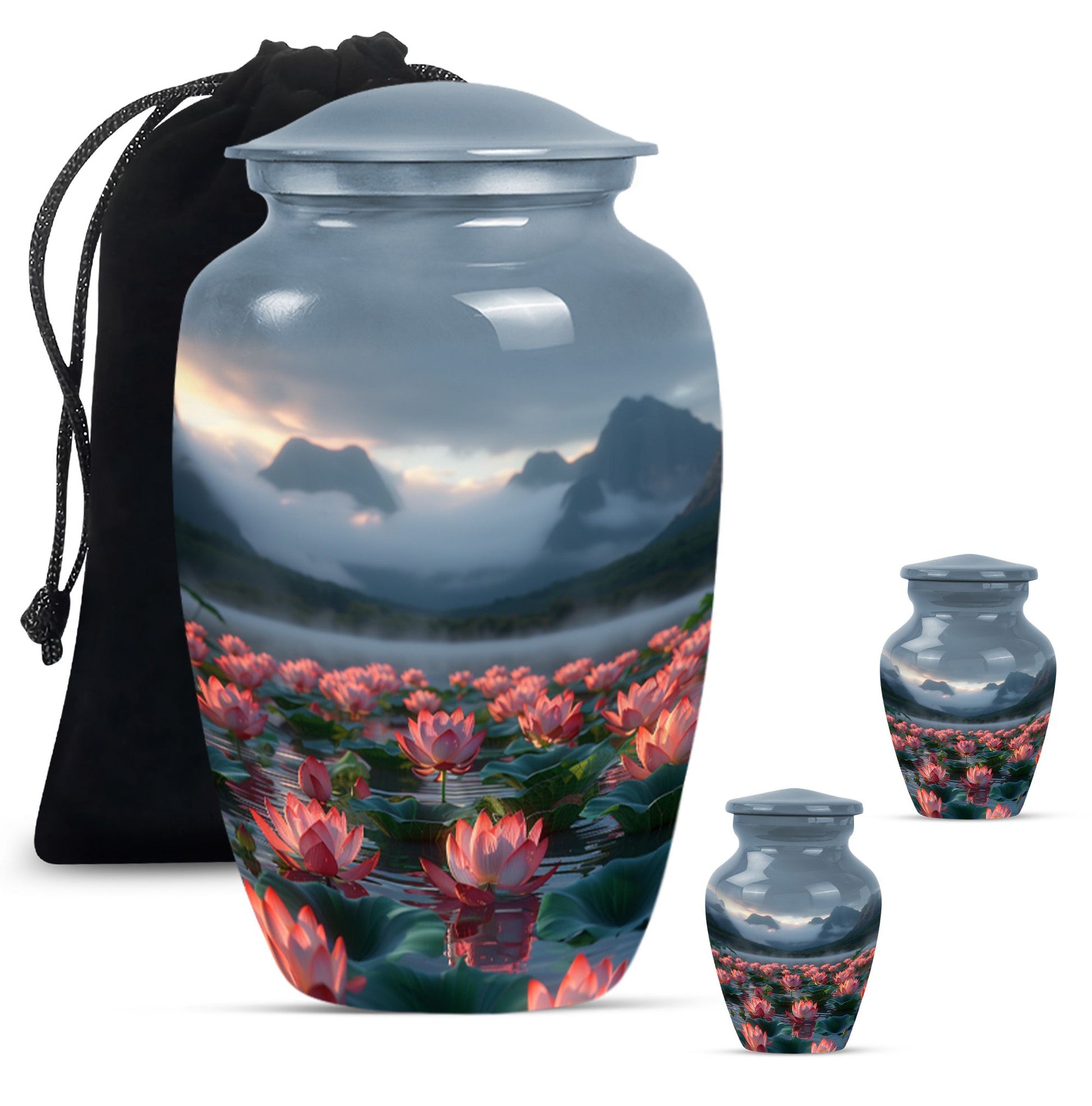 Lotus Theme Large Urn With 2 Keepsake Urn