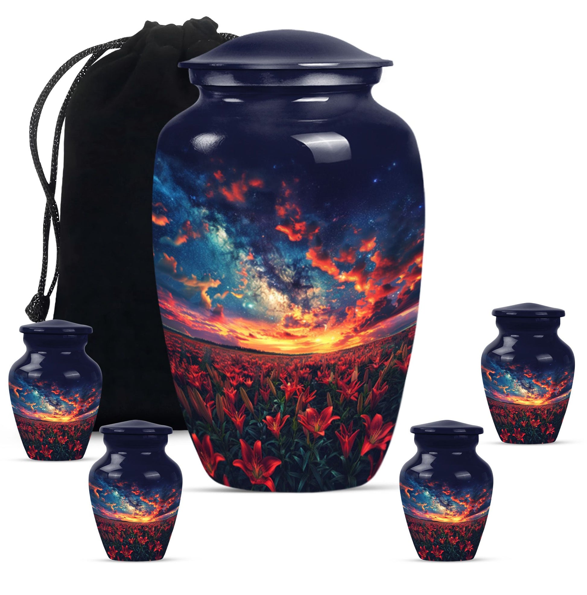 Lily Theme Large Urn With 4 Keepsake Urn