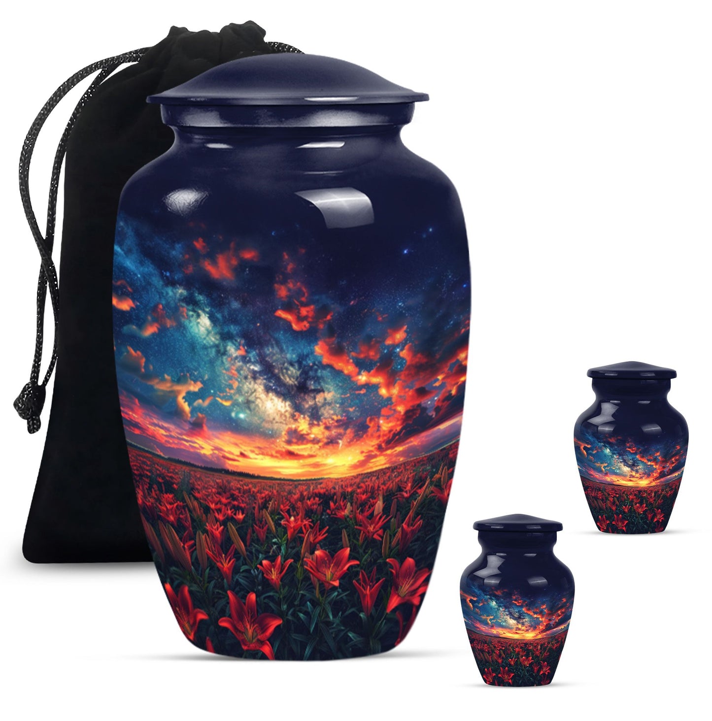 Lily Theme Large Urn With 2 Keepsake Urn