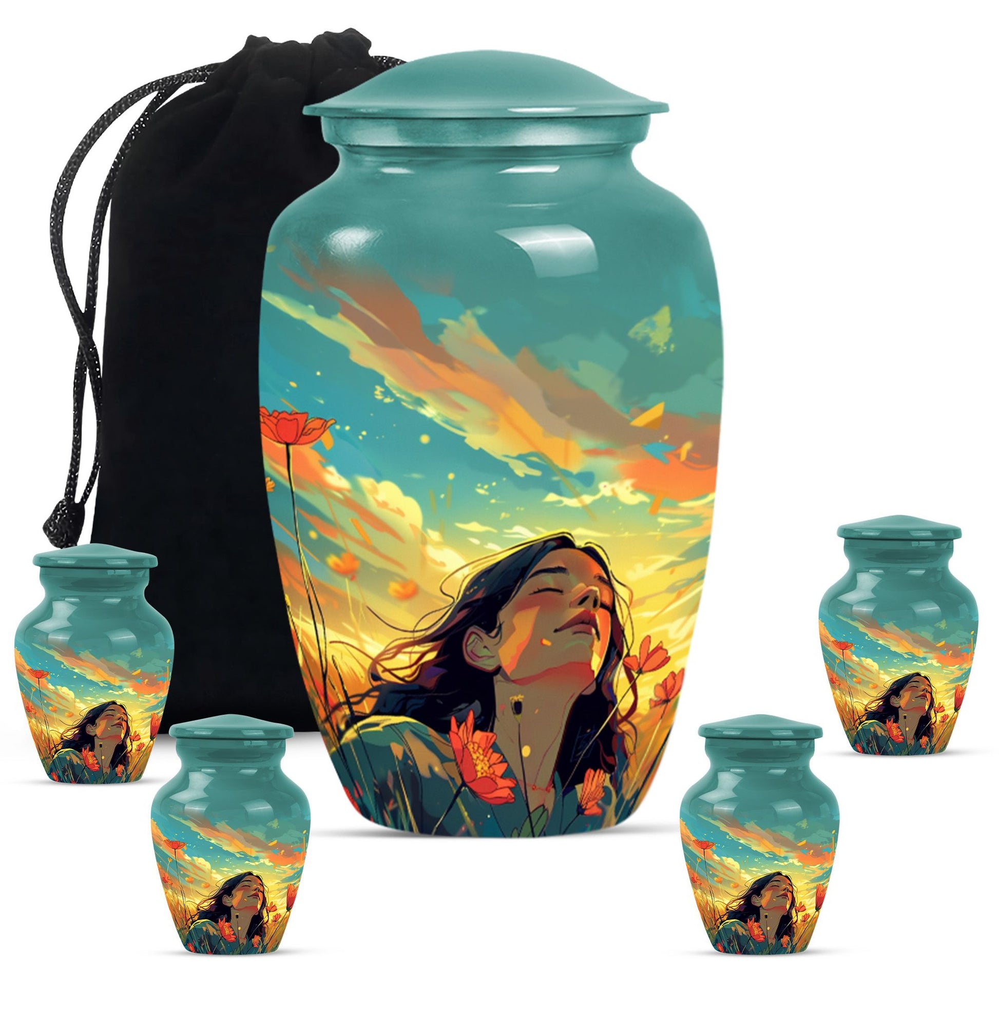 Flower Theme Large Urn With 4 Keepsake Urn