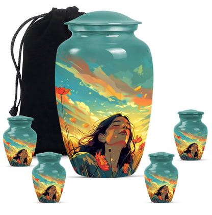 Flower Theme Large Urn With 4 Keepsake Urn