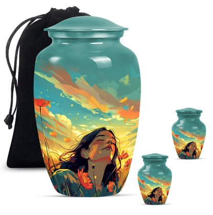 Flower Theme Large Urn With 2 Keepsake Urn