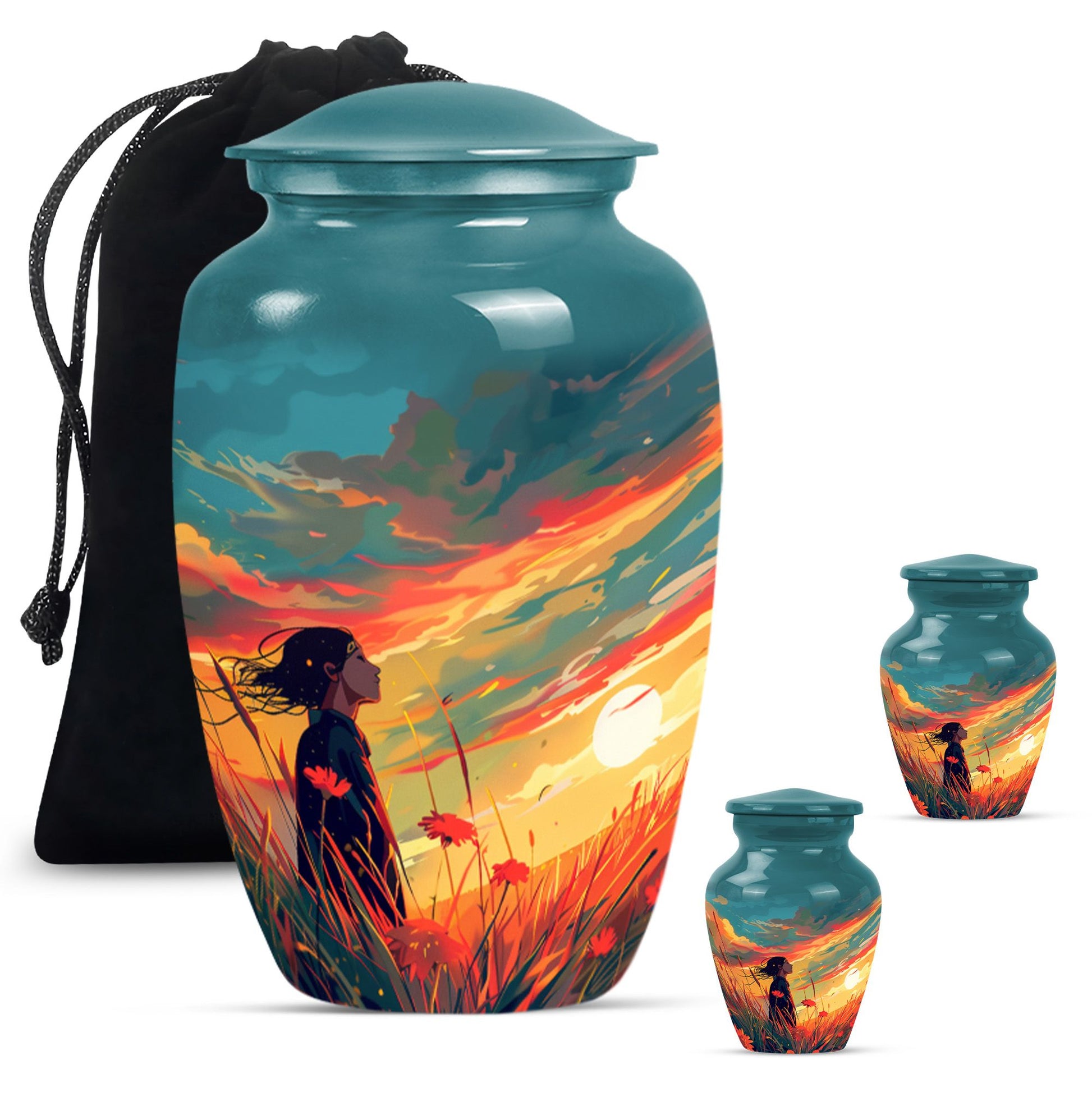 Flower Theme Large Urn With 2 Keepsake Urn