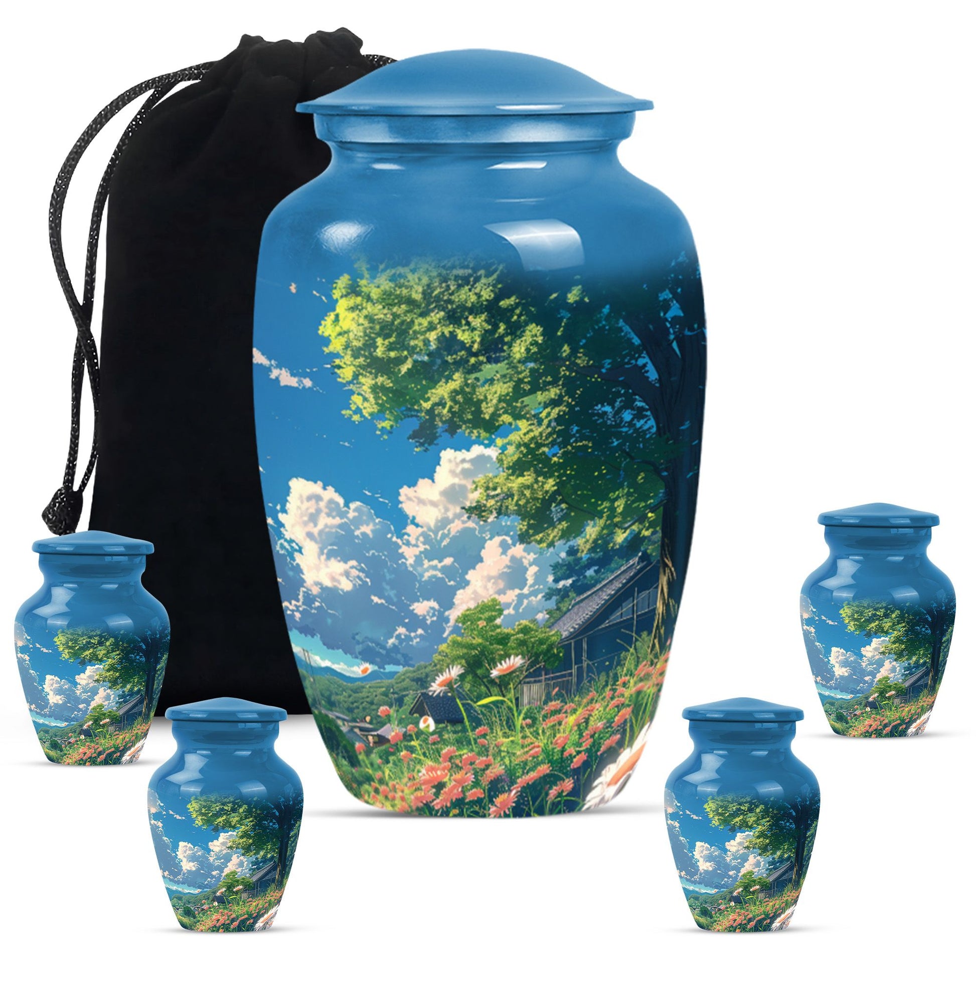 Flower Theme Large Urn With 4 Keepsake Urn