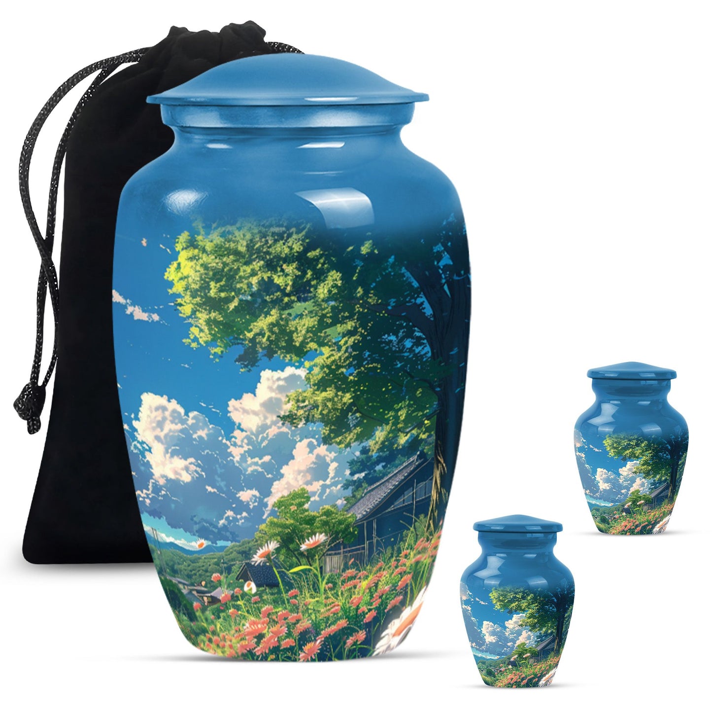 Flower Theme Large Urn With 2 Keepsake Urn