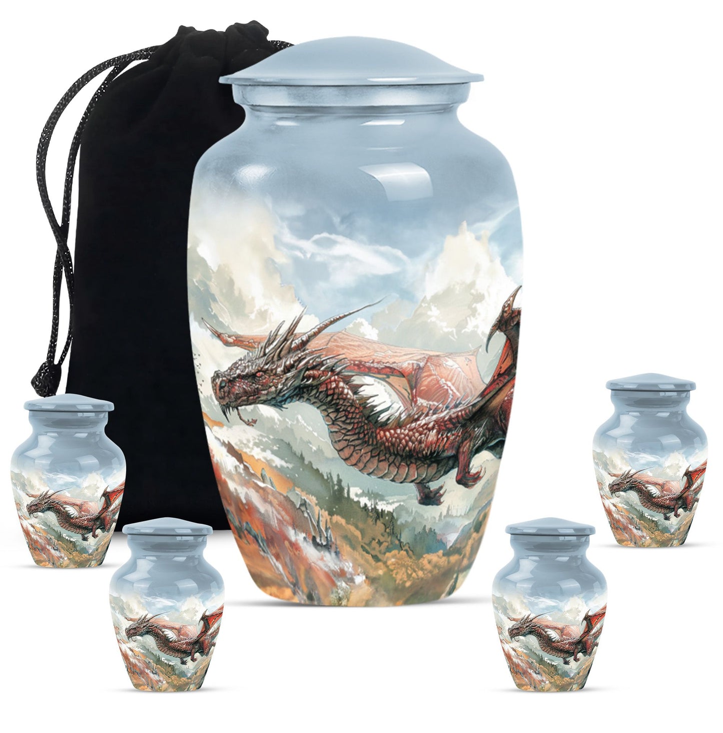 Dragon Theme Large Urn With 4 Keepsake Urn