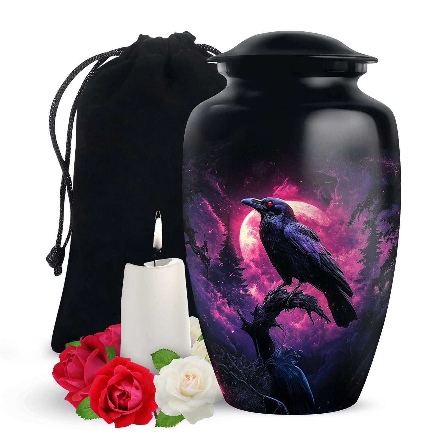 Raven Cremation Urn – Gothic Red Moon Forest Urn for Ashes