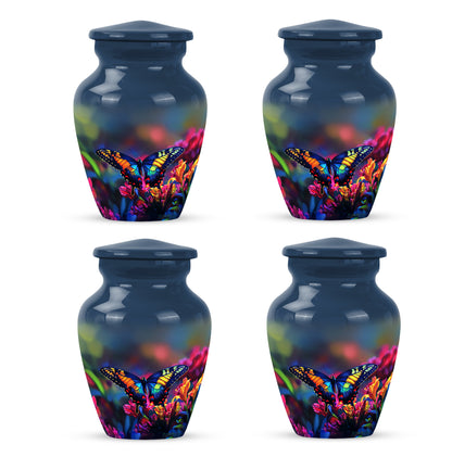 Calming Blue Butterfly Cremation Urn side profile showing urn shape - elegant classic butterfly relief with fine detailing - 10 inch aluminum urn for cremated remains