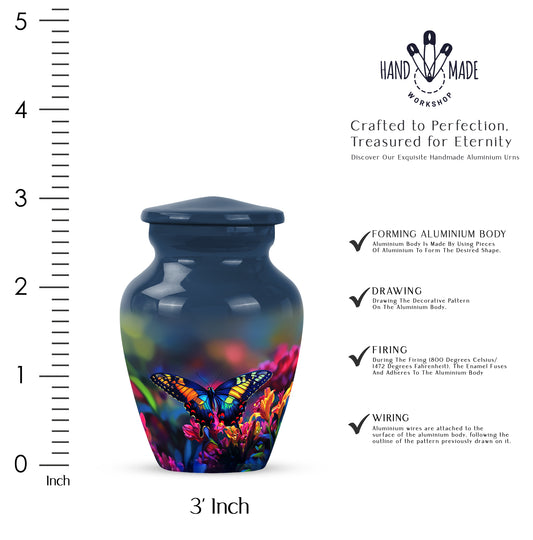 Powder Blue Butterfly Cremation Urn close-up of engraving and surface detail - classic sculpted butterfly pattern on smooth aluminum - mini keepsake memorial for portion of cremation ashes